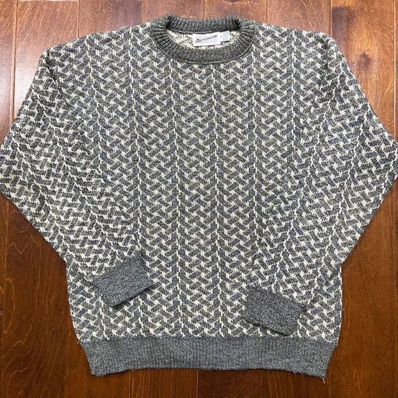 New Dimensions Vintage Gray Cream Crewneck Acrylic Sweater Men's Size Medium - Picture 3 of 8